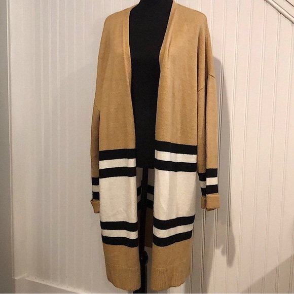 TOPSHOP Women’s Camel Ivory Black Stripes Open Cardigan Sweater Size 10 NWT - Picture 1 of 5